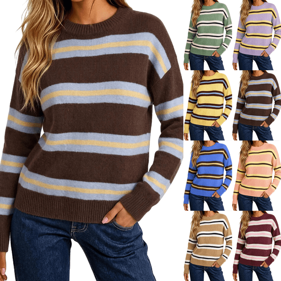 Zeijnsda Womens Winter Sweaters Thicken Warm Striped Sweaters Crew Neck Knit Pullover Sweaters for Women
