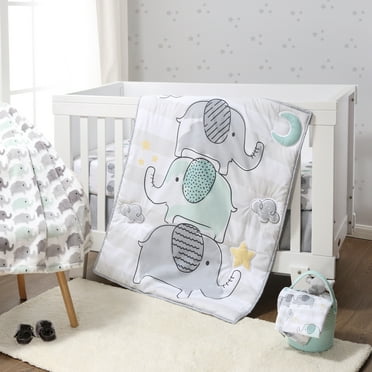 The Peanutshell Grey and Mint Elephant Dreams 5 Piece Crib Bedding Set for Baby Boys or Girls, Nursery Set with Blanket