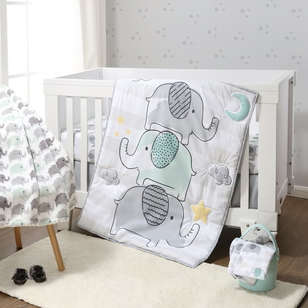 The Peanutshell Grey and Mint Elephant Dreams 5 Piece Crib Bedding Set