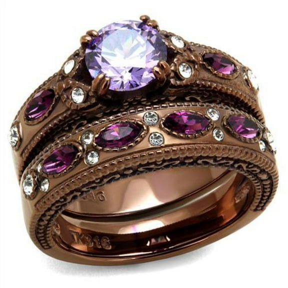Luxe Jewelry Designs Set of 2 Women's IP Coffee Light Stainless Steel Wedding Ring with Amethyst CZ