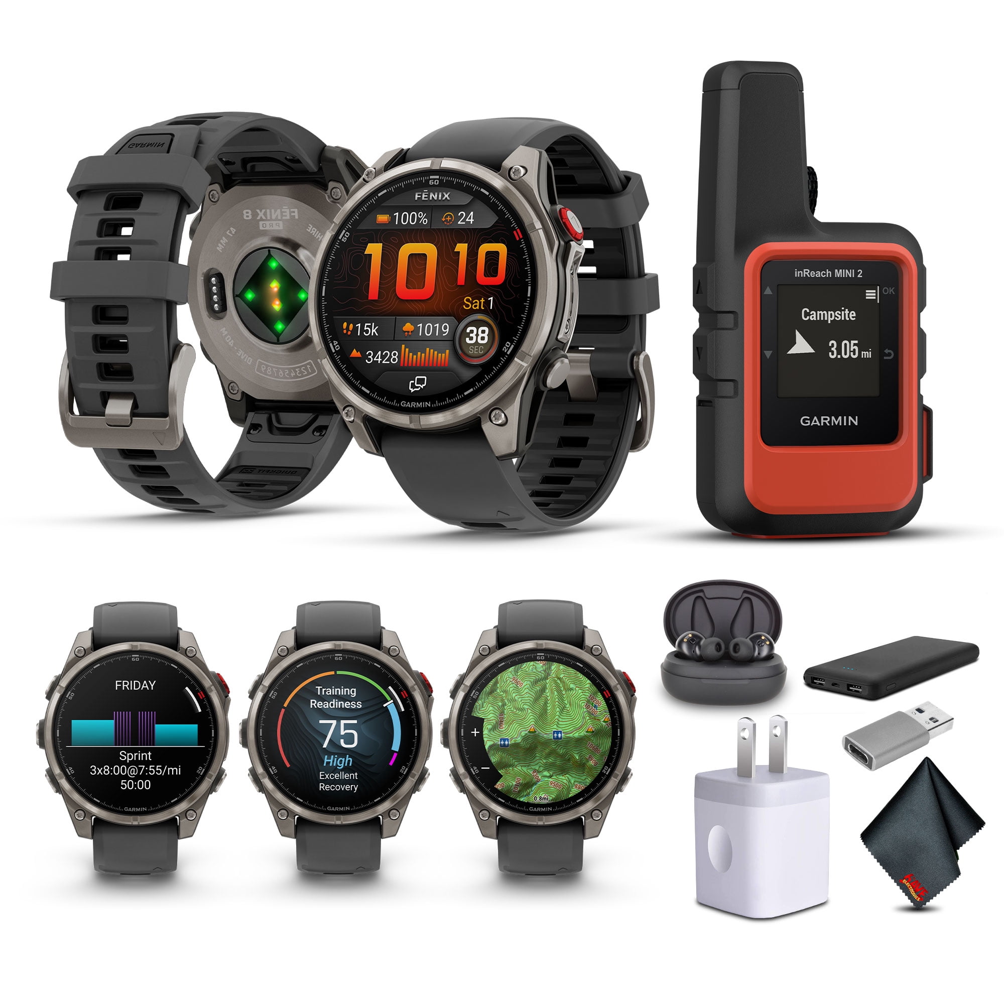 Garmin Fenix 8 Pro, 47mm, AMOLED Display, Multisport Fitness GPS Smartwatch, Sapphire, Titanium with Graphite/Black Silicone Band Wilderness Bundle with inReach Mini 2 Satellite Communicator and More