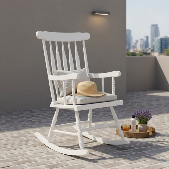 Hommoo Solid Rubber Wood Rocking Chair for Patio, Garden & Indoor Use, Ergonomic Outdoor Rocker with High Back & Curved Armrests, White