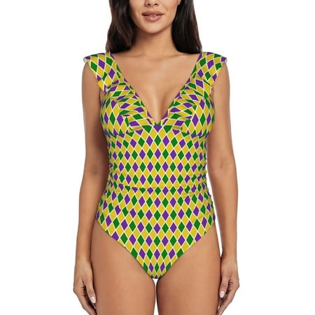 Qekee Mardi Gras Purple Yellow Plaid Women s Ruffle One Piece Swimsuit  Frilly shoulder strap monokini for Beach Pool Surf - Medium
