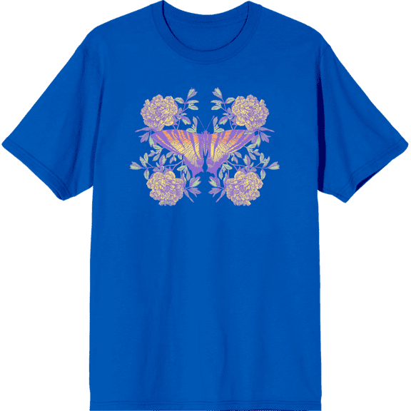 Vintage Floral Gradient Butterfly Adult Royal Blue Crew Neck Short Sleeve Tee-3XL