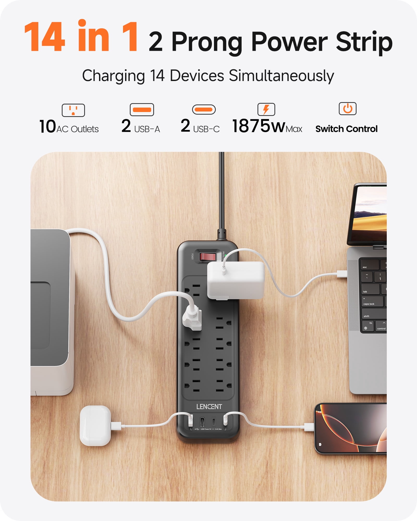 LENCENT Power Strip Surge Protector 2 Prong Extension Cords for Indoor 6ft, 2 to 3 Prong outlet plug Adapter,10 Outlets & 4 USB Ports, Wall Mountable, Ideal for Non-Grounded Outlets