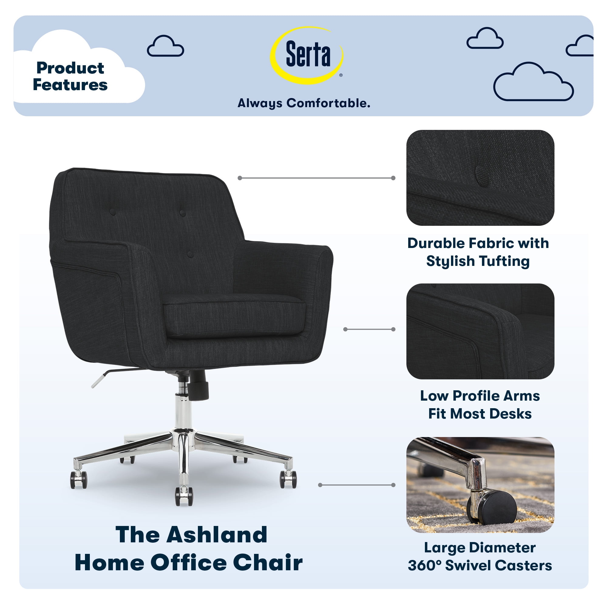 Serta Ashland Home Office Desk Chair with Button Tufted Mid-Back, Memory Foam Cushion and Padded Arms, Mid Century Modern Vanity Armchair with Wheels for Bedroom, Chrome Metal Base, Charcoal Gray