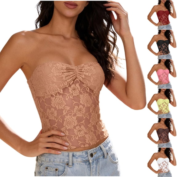 qolati Women Mesh Strapless Corset Top Y2k Floral Lace Tube Top Fashion See Through Going Out Bandeau Bustier Bralettes,Pink,S