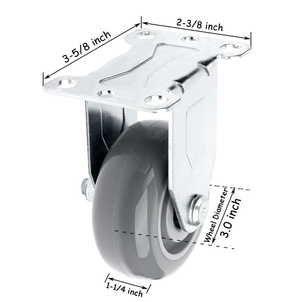 SY America 3" 4 Pack Caster w/ Gray Polyurethane Wheel Top Annular Plate, Top Plate Caster, 1200 lbs Total Capacity (3 inches pack of 4, 2 Swivel w/ Brakes & 2 Rigid)