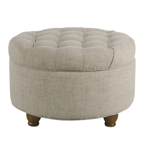Upholstered Ottoman with Storage Lid - Round Wooden Footrest, Beige Living Room Decor