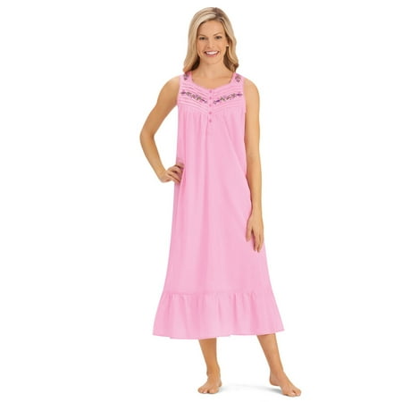 Collections Etc Women's Embroidered Sleeveless Cotton Nightgown with Flounce Hem, Pink, Large