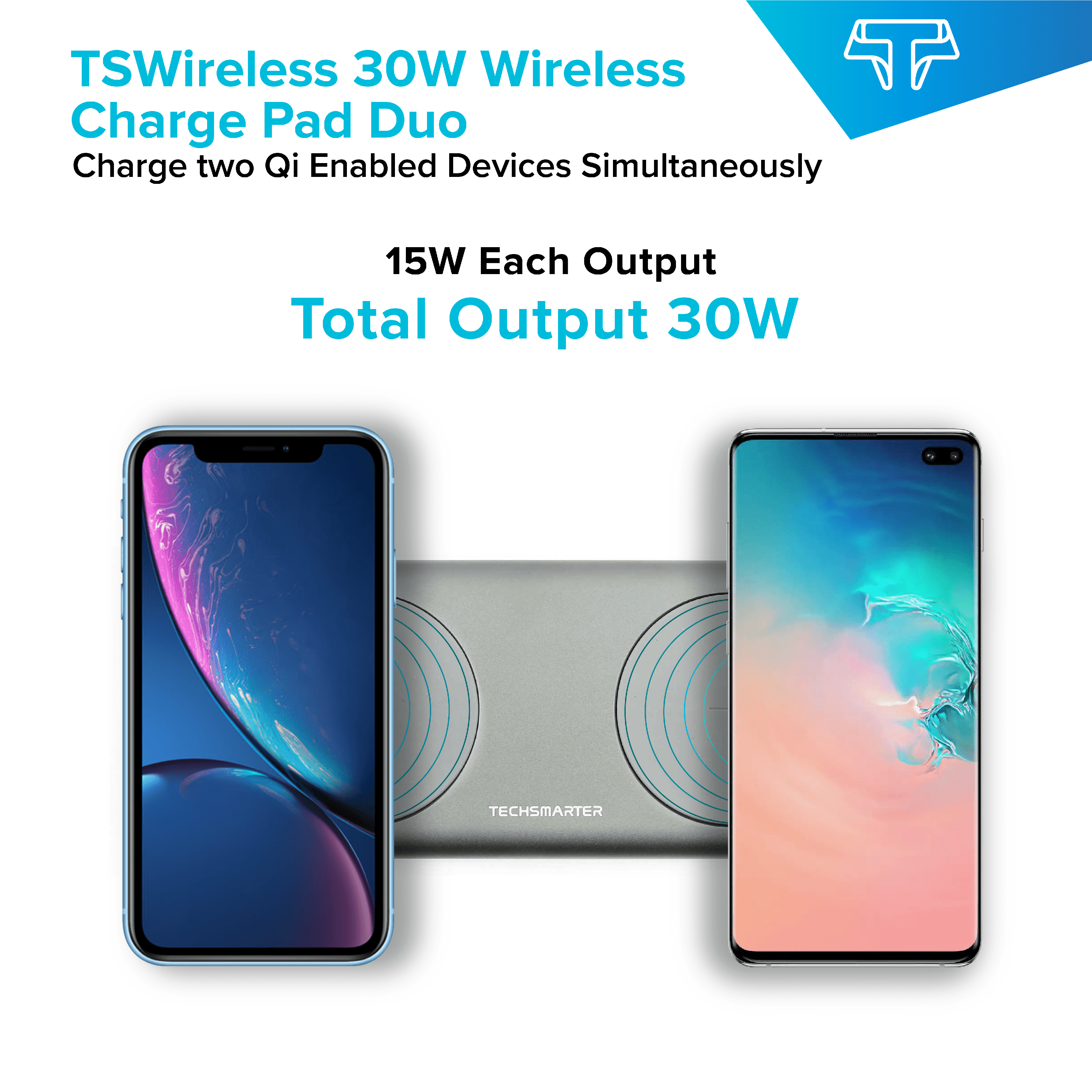 Techsmarter 15W (30W Total) Dual Wireless Charger, Fast Charging Pad. Compatible with iPhone 13, 12, 11, XS, X, XR, 8, Samsung S21, S20, S10, S9, S8, Note, LG ThinQ