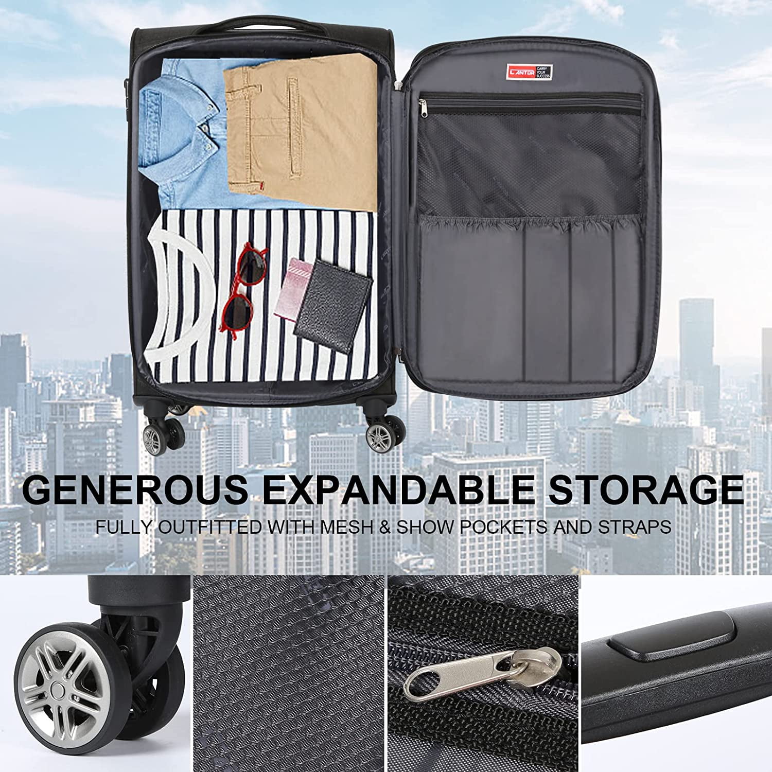 Cantor Ultra Lightweight Softside Luggage with Spinner Wheels,Navy, Set of 3, , and Interlocking Zippers with TSA Lock