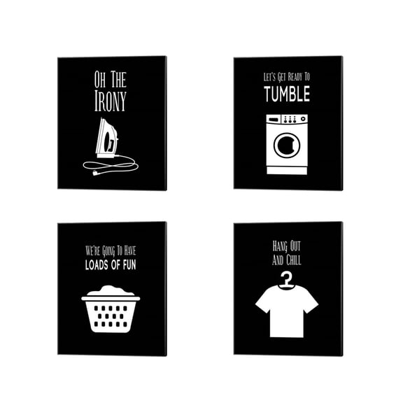 Great Art Now Hang Out And Chill, Oh The Irony & Let's Get Ready To Tumble - Black by Color Me Happy 4 Piece Canvas Art Set Each 12"W x 15"H