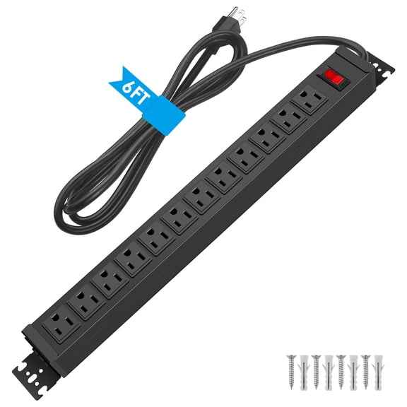VILONG 12-Outlet Heavy Duty Power Strip Surge Protector with 6ft Cord, Wall Mount for Garage, Workshop, Black