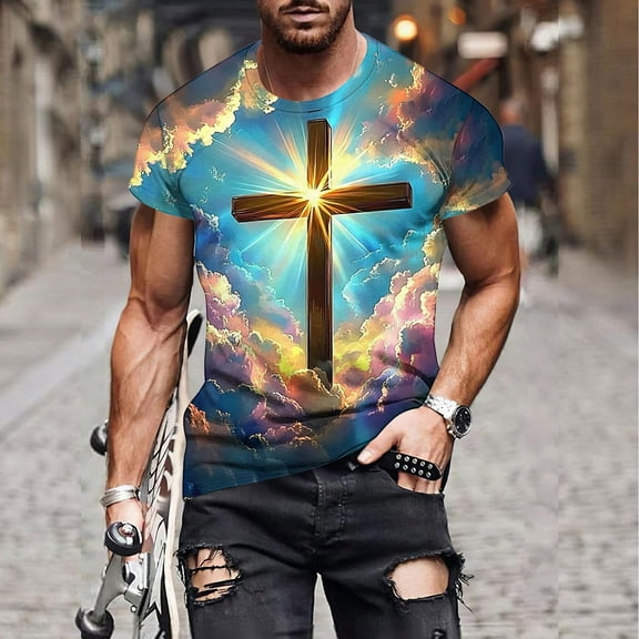 WAENQINLA Men's Fashion Jesus Cross 3D Print T-Shirt Short Sleeve Funny Graphic Tees Tops Christian Religious Bible T Shirts