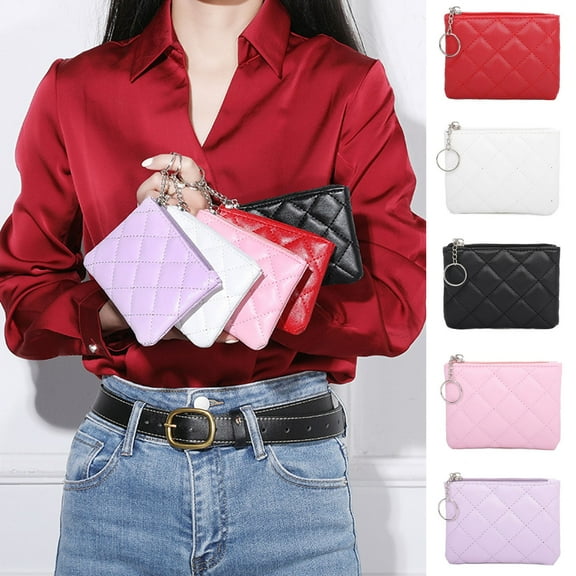 Quilted Mini Wallet for Women Elegant Embroidery Zipper Coin Purse with Card Slots PU Leather Compact Clutch for Daily Essentials (Purple)