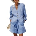 thumbnail image 4 of LEKWK Linen Sets for Women 2 Piece Long Sleeve V Neck Button Down Tops and High Waisted Shorts with Pockets Summer Solid Casual Travel Vacation Sets, 4 of 7