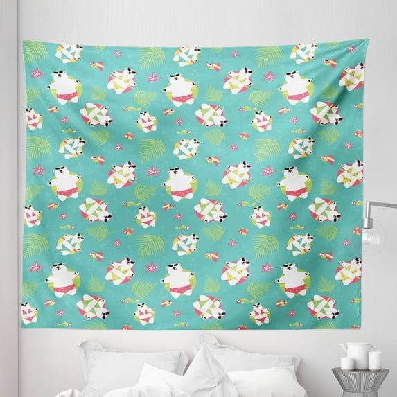 Summer Tapestry, Sunbathing Polar Bears Cartoon Style Swimming Suit Wearing Animals Theme, Fabric Wall Hanging Decor for Bedroom Living Room Dorm, 5 Sizes, Multicolor, by Ambesonne