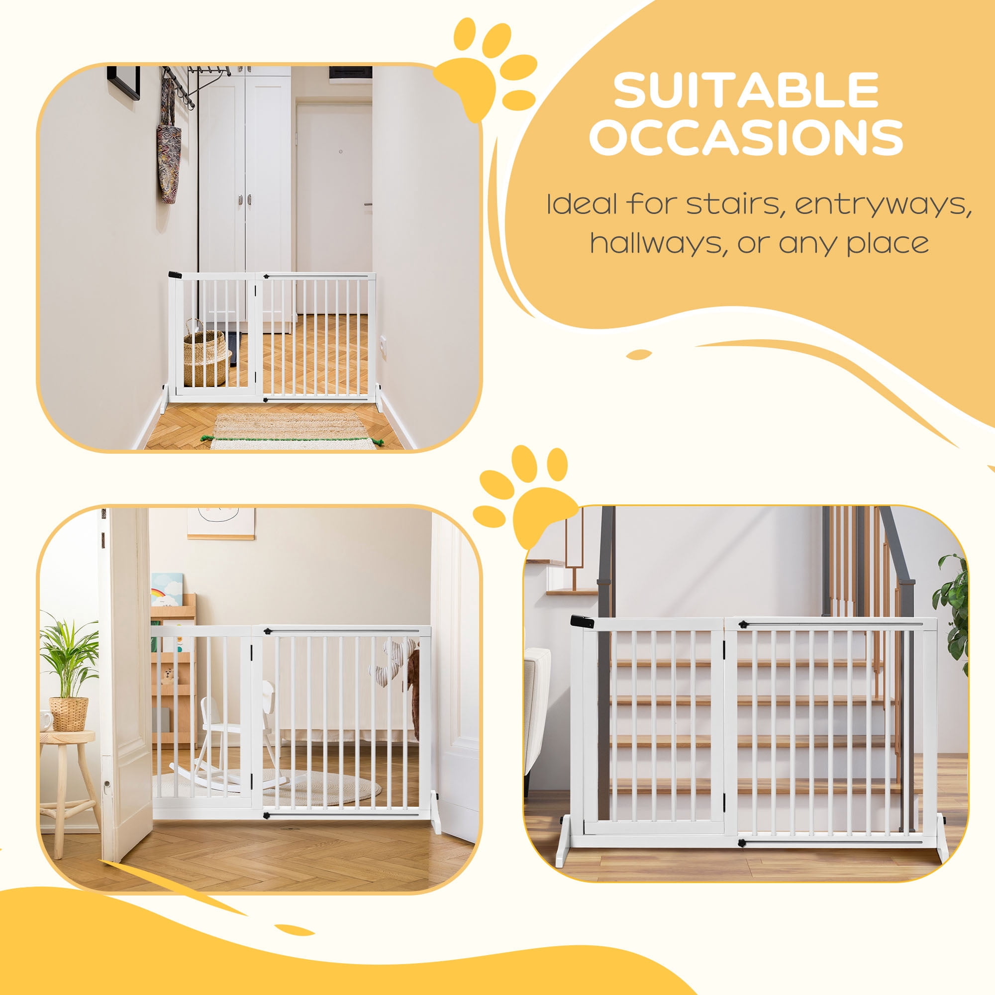 Adjustable Wooden Pet Gate, Freestanding Dog Fence for Doorway, Hall, 3 Panels w/ Safety Barrier, Lockable Door, White, 44.5"-65.25" L x 14.25" H