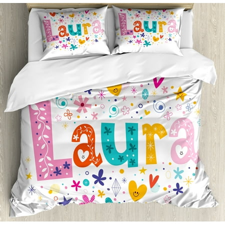 Duvets For Girls Laura Queen Size Duvet Cover Set, Baby Girl Name with Vintage Doodle Style Flowers and Stars Colorful Illustration, Decorative 3 Piece Bedding Set with 2 Pillow Shams, Multicolor, by Ambesonne ()