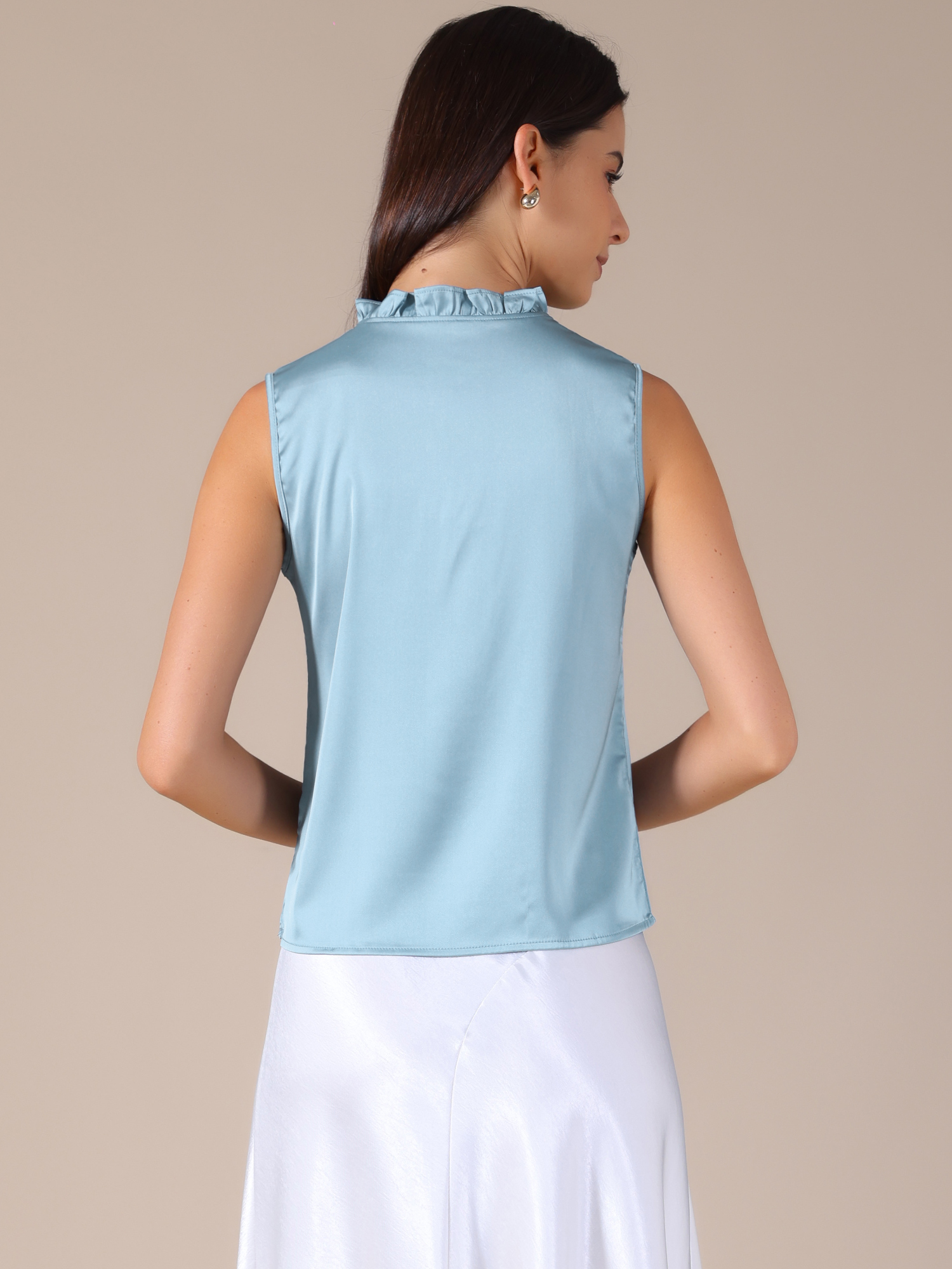 DARING DIVA Women's Satin Elegant Sleeveless One Button Office Blouse XS Bean Blue