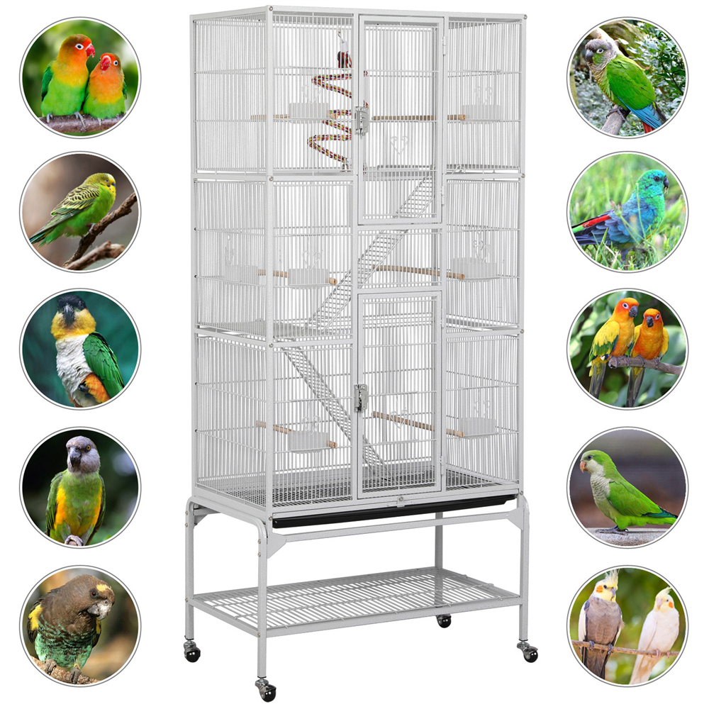 Alden Design 69" H Rolling Extra Large Metal Bird Cage with Detachable Stand for Parrots, White