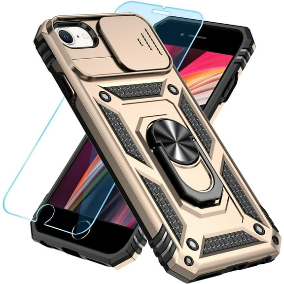 for iPhone SE Case 2022/2020/3rd/2rd / iPhone 6/7/8 Case with HD Screen Protector & Slide Camera Cover & Kickstand, [Military-Grade] Phone Case for iPhone SE 2020/SE 2022/6/7/8 (Golden)