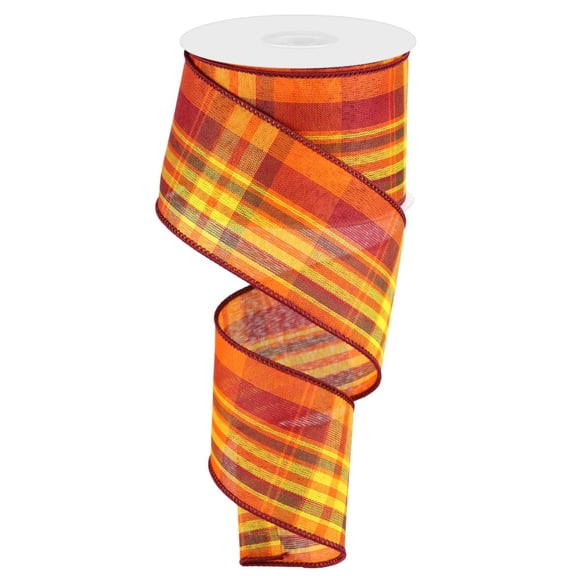 Pumpkin Plaid Woven Wired Ribbon - Burgundy, Orange, Yellow, and Brown - 2.5 Inches x 50 Yards