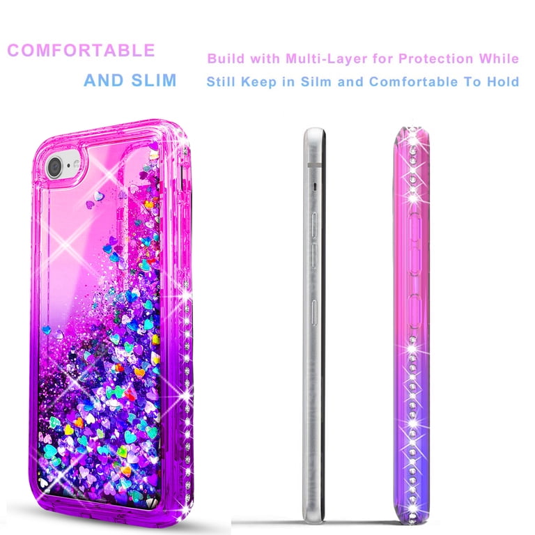 iPhone 8 Case, [NOT FIT iPhone 8 PLUS] Case, Liquid Floating Glitter  Quicksand Bling with Spot Diamond Cover - Pink / Purple