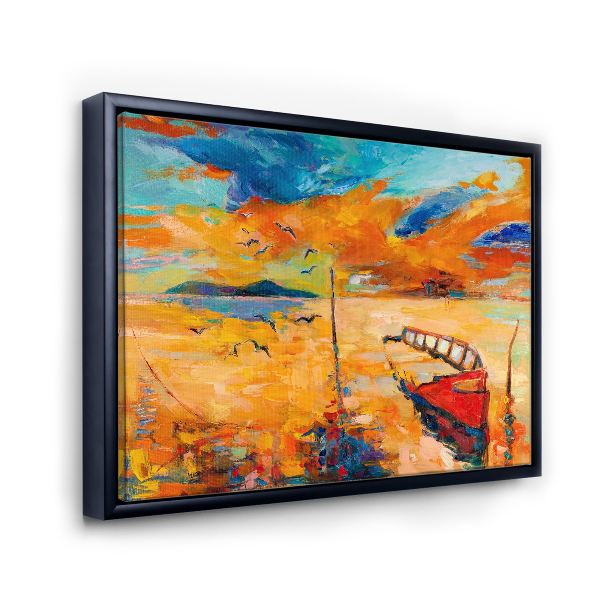 Designart 'Boat At The Lake During Evening Glow VIII' Nautical & Coastal Framed Canvas Wall Art Print