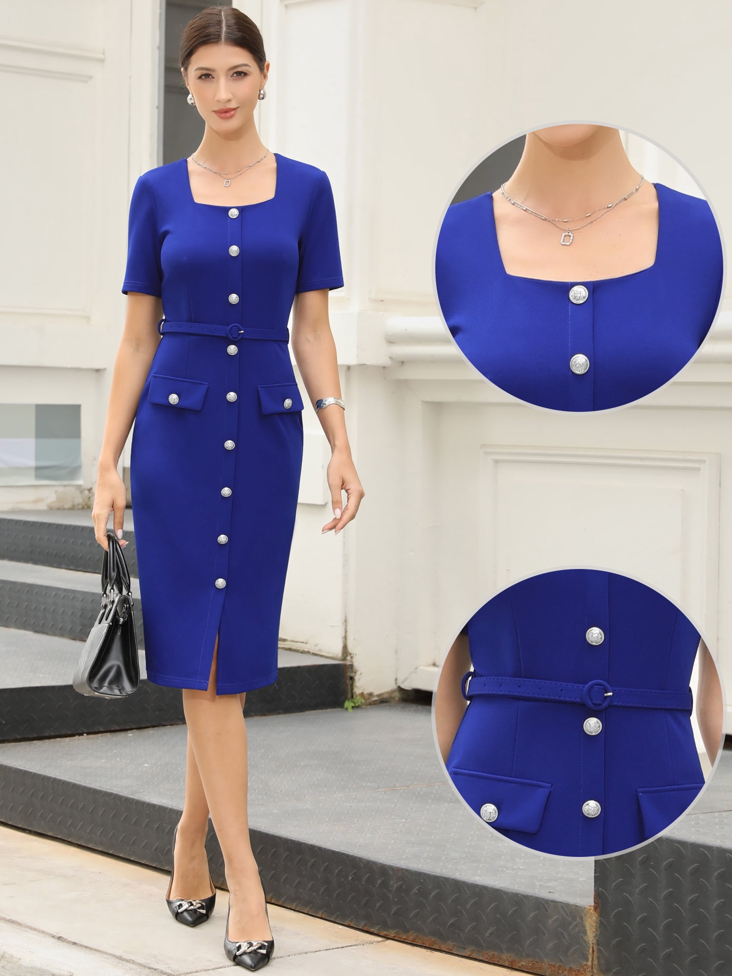 DARING DIVA Women's Sheath Dress with Square Neck and Belt for Formal Event M Royal Blue