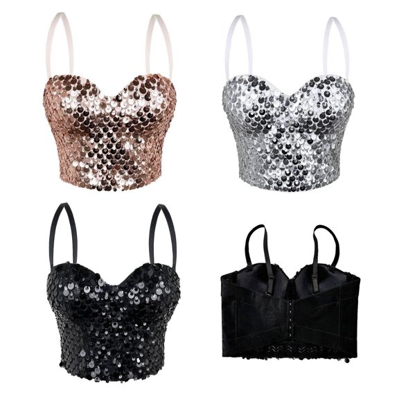 LILIYA Sequin Corset Tops for Women, Sparkly Rhinestone Overbust Bustier Shapewear, Shiny Waist Cincher Bodysuit for Halloween Party Stage Performance and Night Club, Glamorous Corset