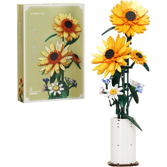 GZBricker Sunflower Bouquet Building Sets Compatible with Lego Botanical Collection Home Office Decor with Vase for Adults Girls