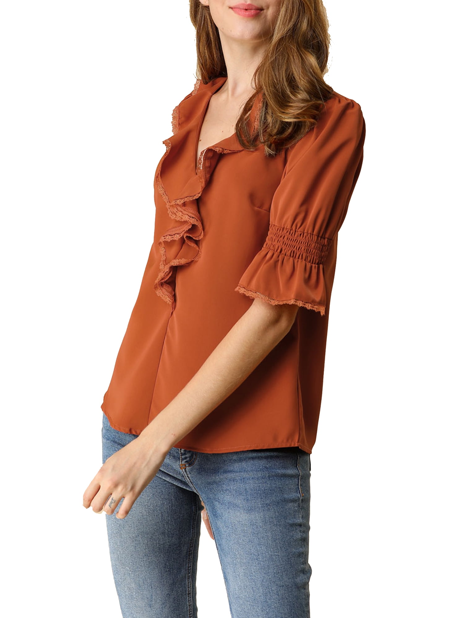 DARING DIVA Women's Ruffle V Neck Half Bell Sleeve Chiffon Top 3XL Brown Red