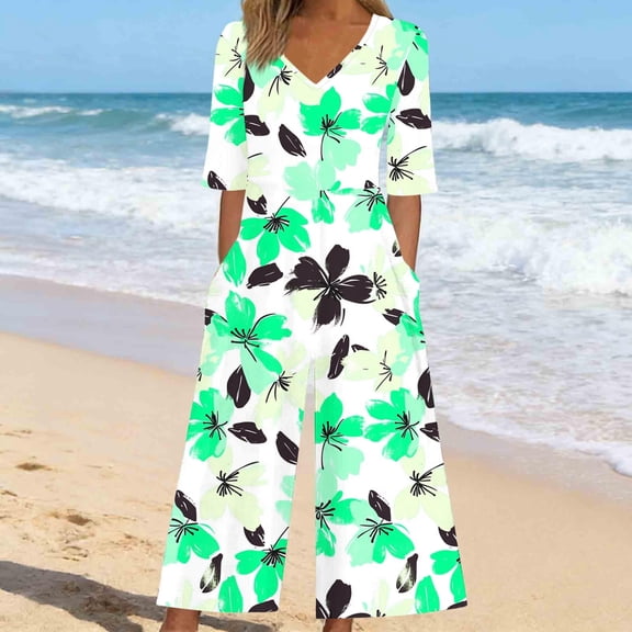 Nuoqisi Women Summer Floral Print Casual Short Sleeved V-neck Back Zipper Side Pocket Jumpsuit Pants