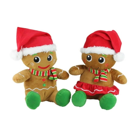 Set of 2 Plush Sitting Gingerbread Boy and Girl Stuffed Christmas Figures 11
