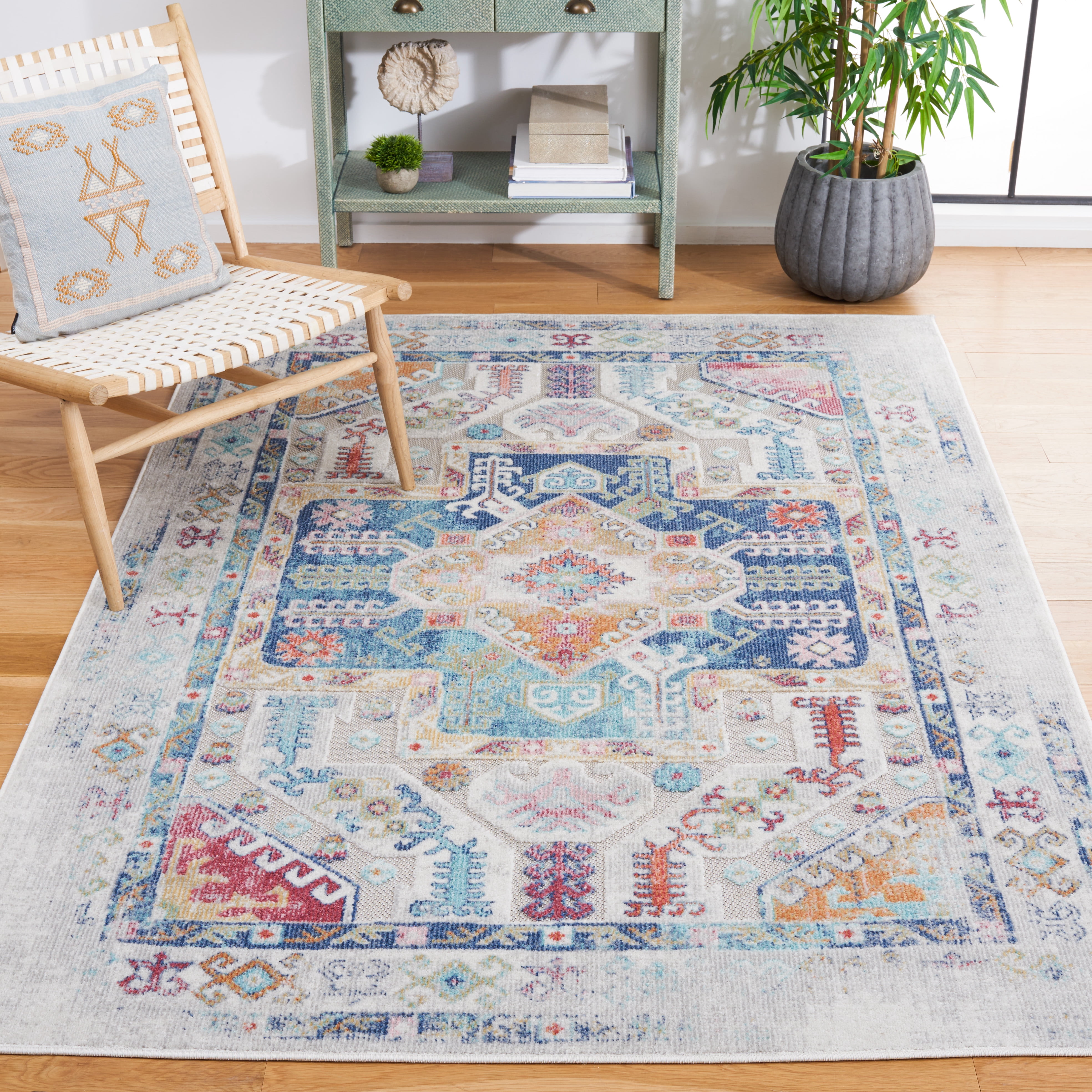 SAFAVIEH Cabana Dima Medallion Indoor/Outdoor Area Rug, Navy/Aqua/Ivory, 6'7" x 6'7" Square