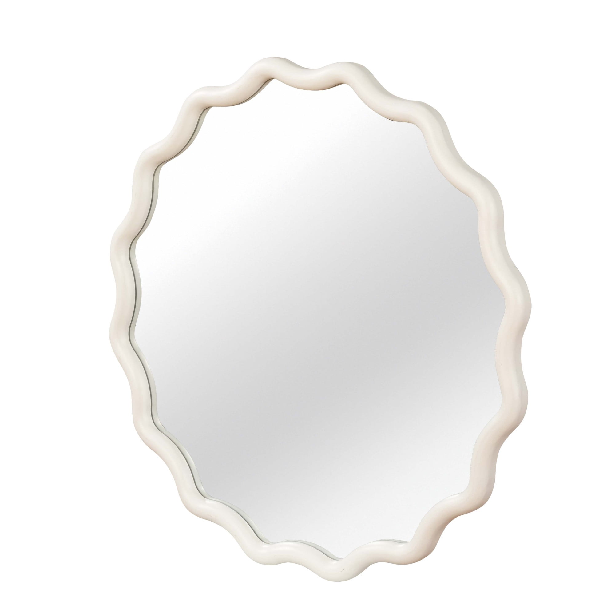 Leumius 30" Wavy Round Mirror, Solid Wood Frame Decorative Mirror for Bedroom Bathroom Living Room Entryway White
