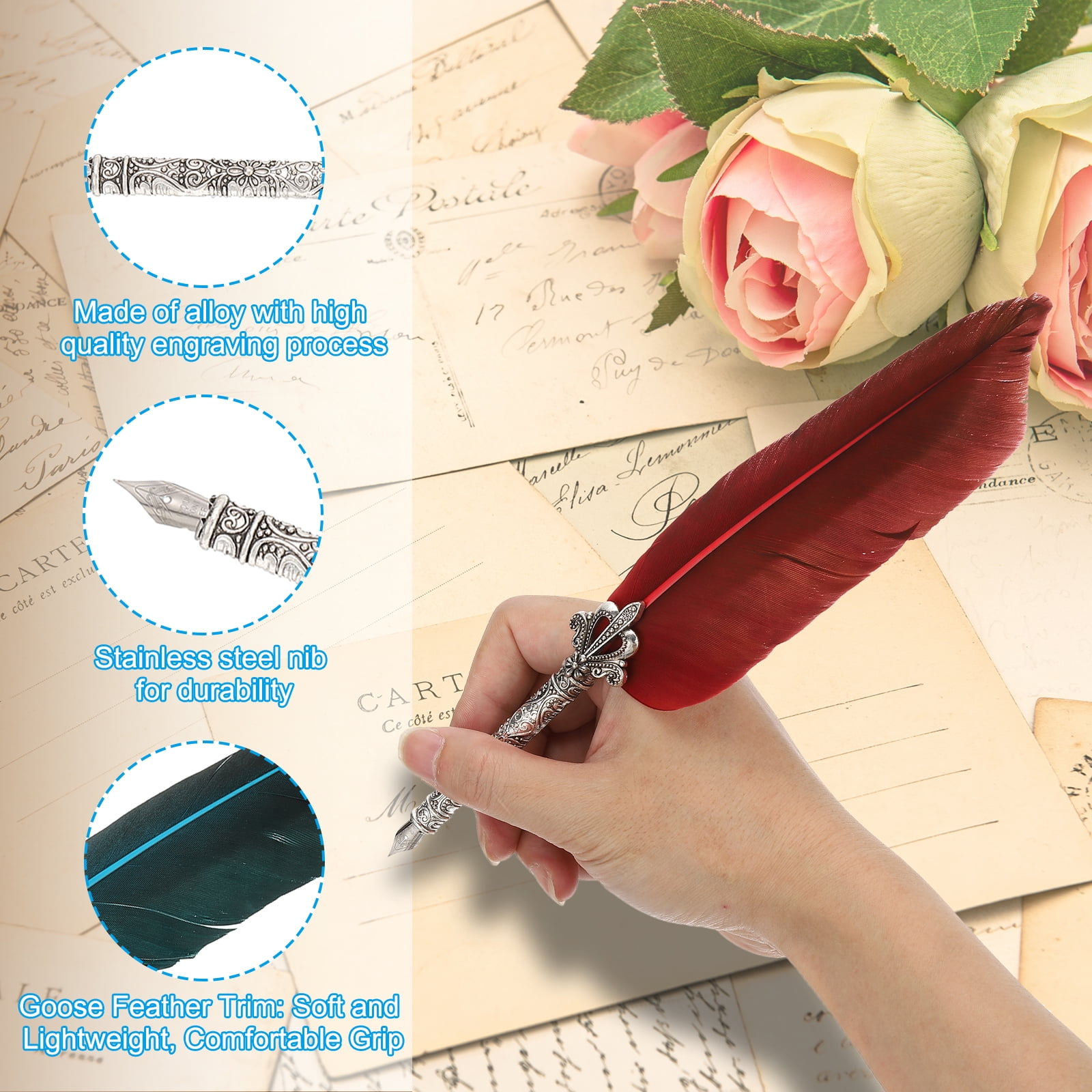 Uxcell 26cm/11" Carved Feather Pen Set, Quill Pen with Ink Set 5 Replacement Nibs Stand Base for Calligraphy,  Lake Blue