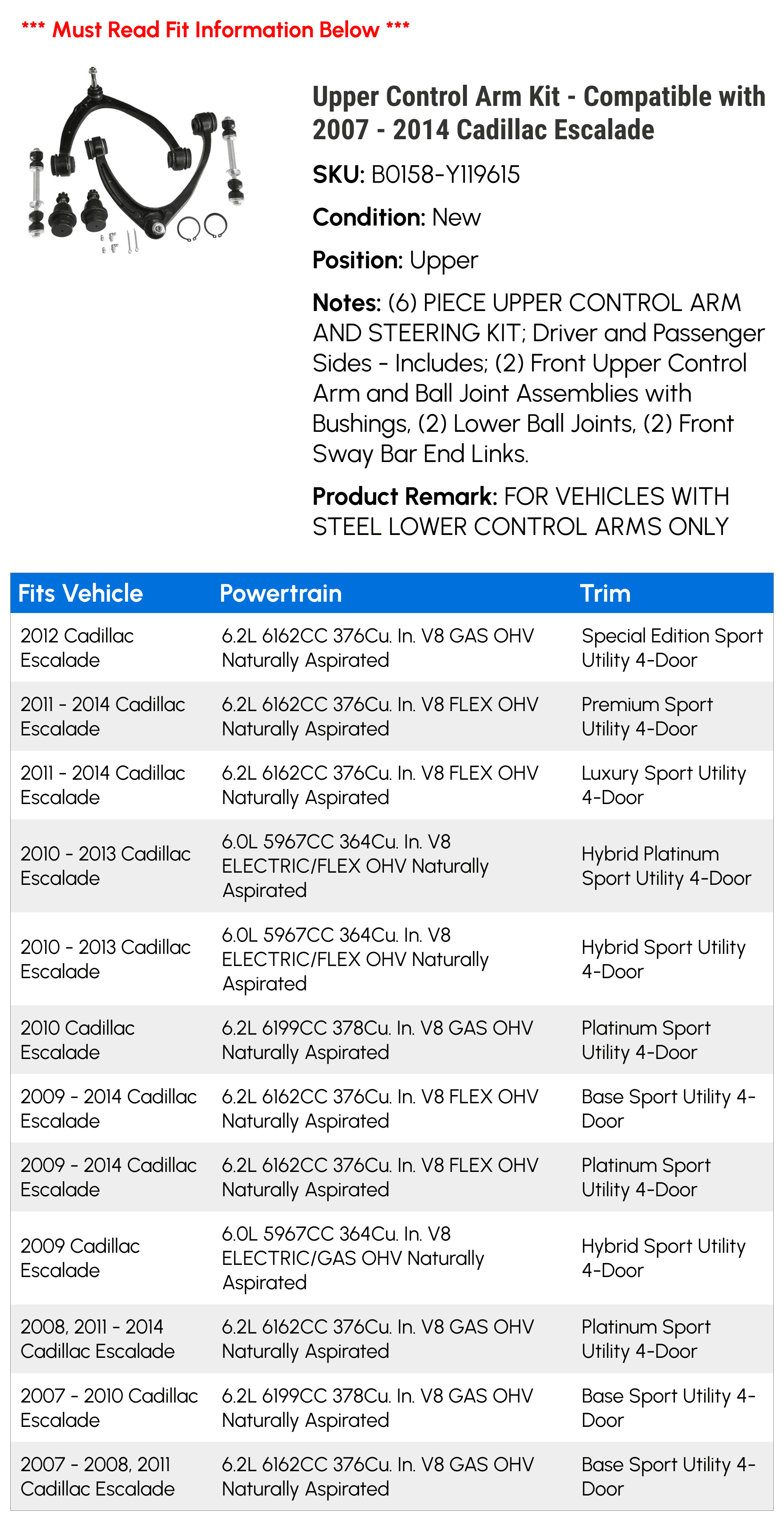 Upper Control Arm Kit - Compatible with 2007 - 2014 Cadillac Escalade 2008 2009 2010 2011 2012 2013