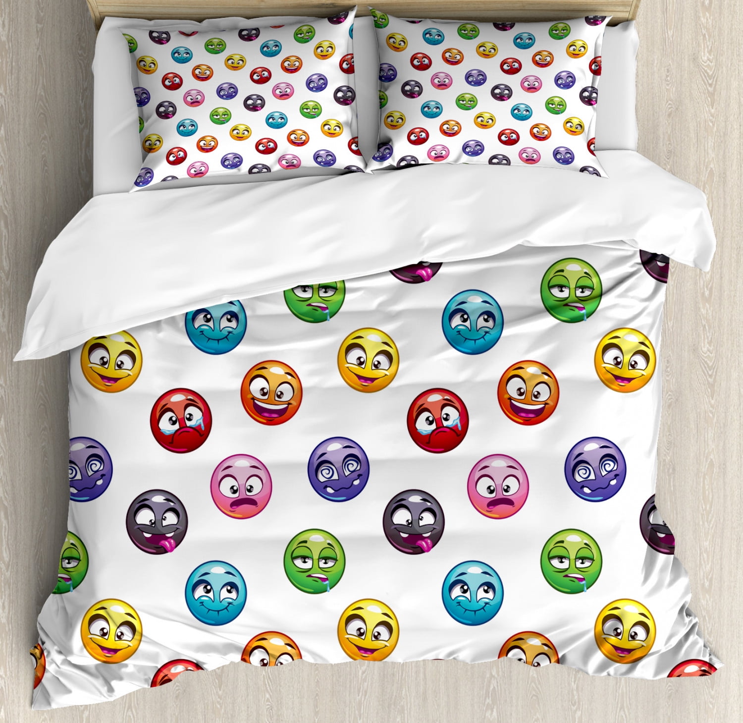 Emoji Queen Size Duvet Cover Set, Cartoon Faces in Different Colors and