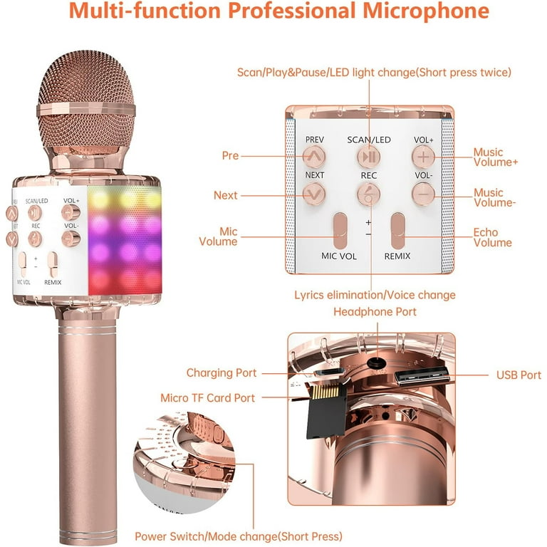 Mainstream Source® Wireless Bluetooth Karaoke Microphone with LED Lights –  Portable Handheld Microphone for Kids & Adults, Gifts & Toys for Girls 