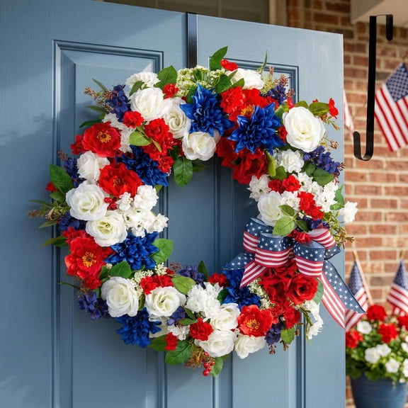 Nuptio 4th of July Patriotic Wreath 24 Inch – Red White and Blue USA 250th Anniversary Wreath with Hanger for Front Door, Outdoor Summer Decorations for Home Party Gift