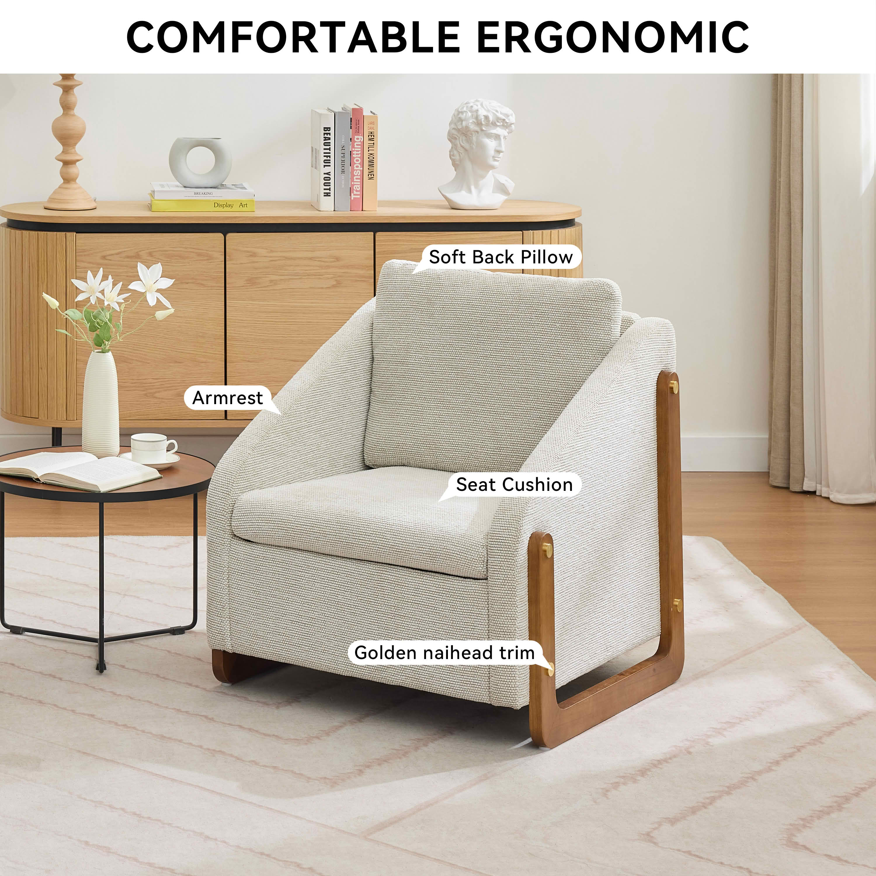 MAYEERTY Set of 1 Chenille Fabric Modern Upholstered Armchair, Wooden Side Frame & Cushioned Seat Backrest, for Living Room & Bedroom, Beige