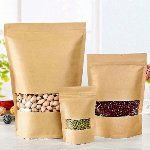 100pcs Kraft Bags With Window Stand Up Ziplock Seal Paper Bag Large Food Storage Pouch