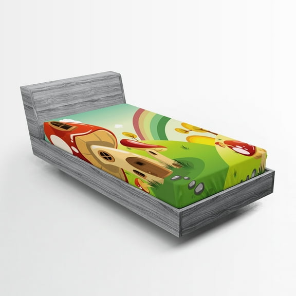 Ambesonne Nature Fitted Sheet, Farm Field Rain Mushroom, Twin Size, Multicolor