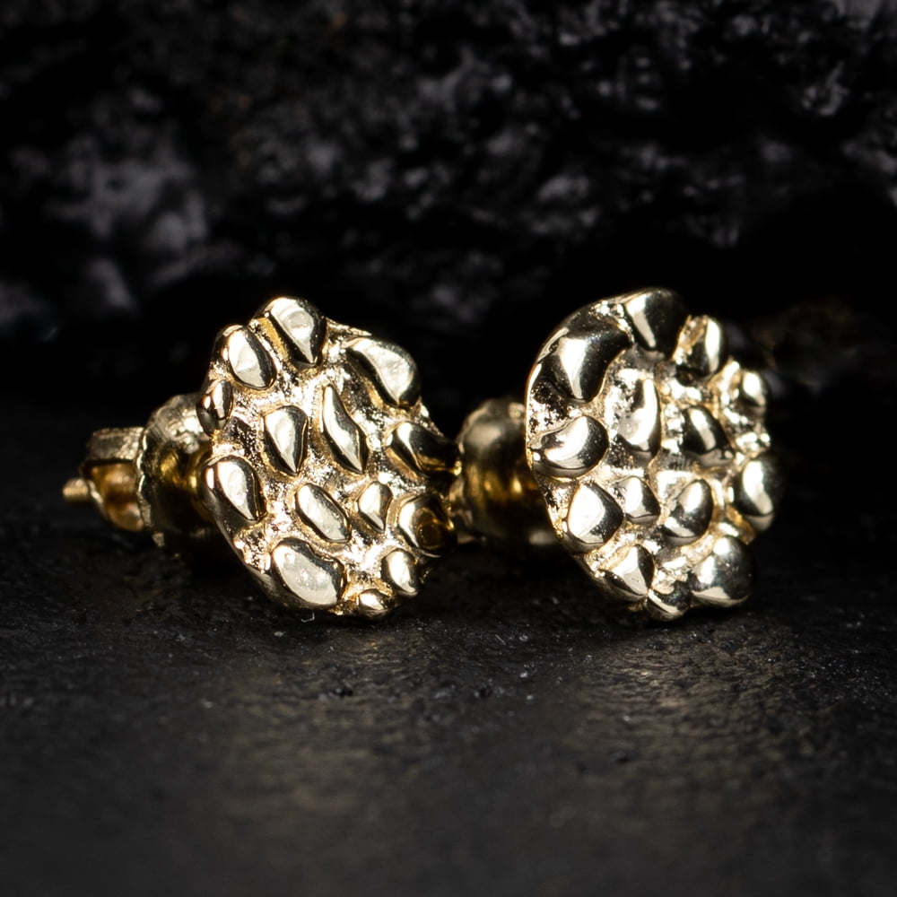 Small Round Shape 14K Yellow Gold Plated Solid 925 Sterling Silver Screw Back Post Men's Circle 90's Old School Retro Nugget Hip Hop Stud Earrings