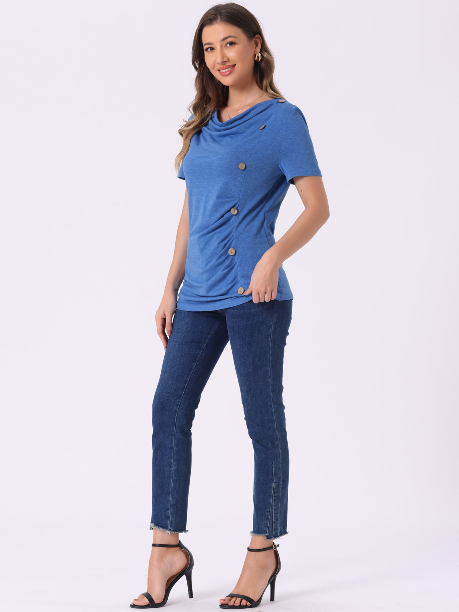 DARING DIVA Women's Cowl Neck Ruched Short Sleeve Tops with Button Decor M Blue