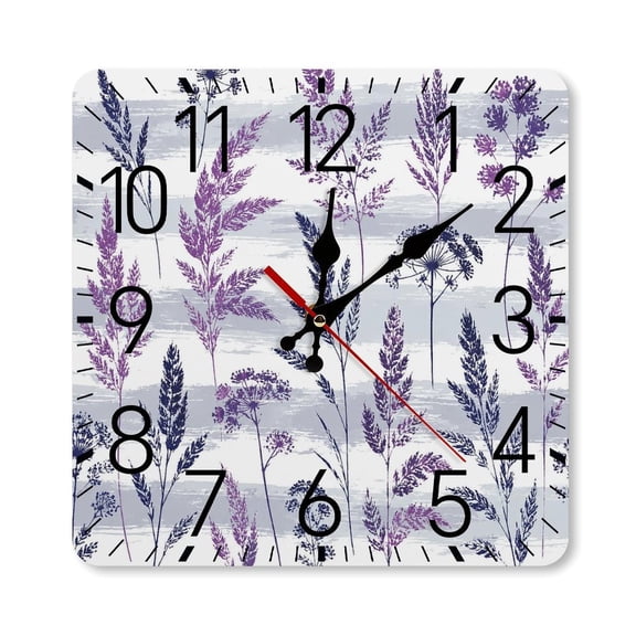 RKSupls 10×10inch Square Silent Wall Clock Wooden Frame, Purple Wild Grass Pattern Scale Decorative Clock for Home Bedroom Living Room Office