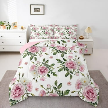 Erosebridal Pink Flower Comforter Sets,Floral Rose Comforters & Duvets,Microfiber Reversible Bedding Comforter Set,Princess Bedroom Decor,2pcs
